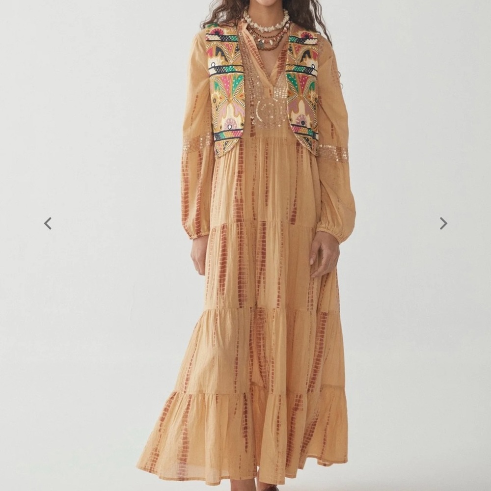 Bohemian Long Sleeve Dress with Embroidered Vest